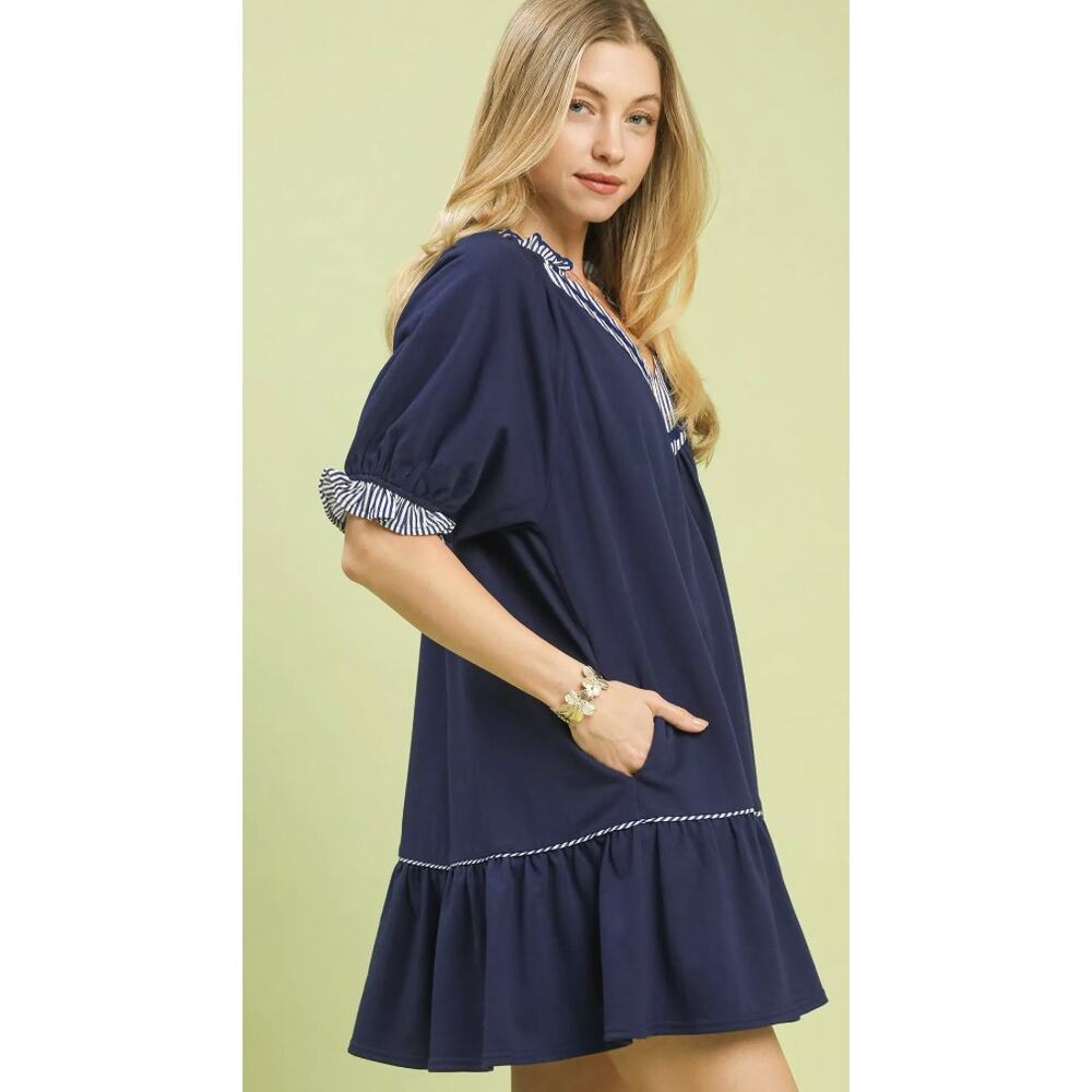 New with tags Umgee French Terry Mini Dress S Blue Ruffle Striped Trim Boho - Picture 2 of 16